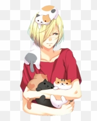 anime boy cat Sticker by Monchhichi u003dy - Boy Sitting With Cat On Lap Anime Emoji