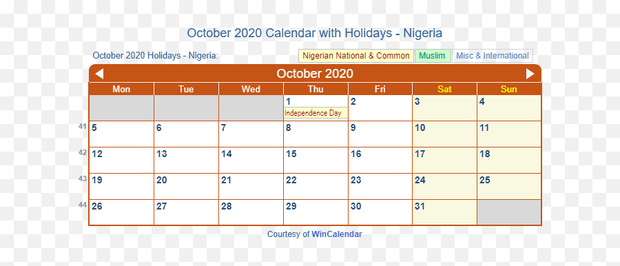October 2020 Calendar With Holidays - Nigeria Nigeria 2020 Calendar For June Emoji,Libra Symbol Emoji