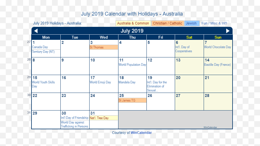 July 2019 Calendar With Holidays - Australia January 2018 Holiday Calendar Emoji,Australian Flag Emoji