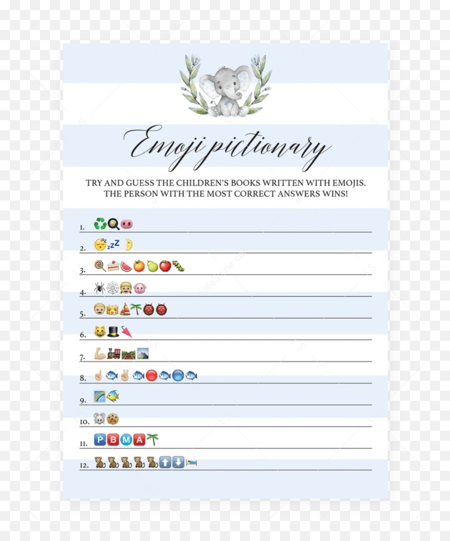 Elephant Baby Shower Bingo Printable For Boy Littlesizzle - Free Printable Baby Shower Emoji Game,What Does The Crown Emoji Mean