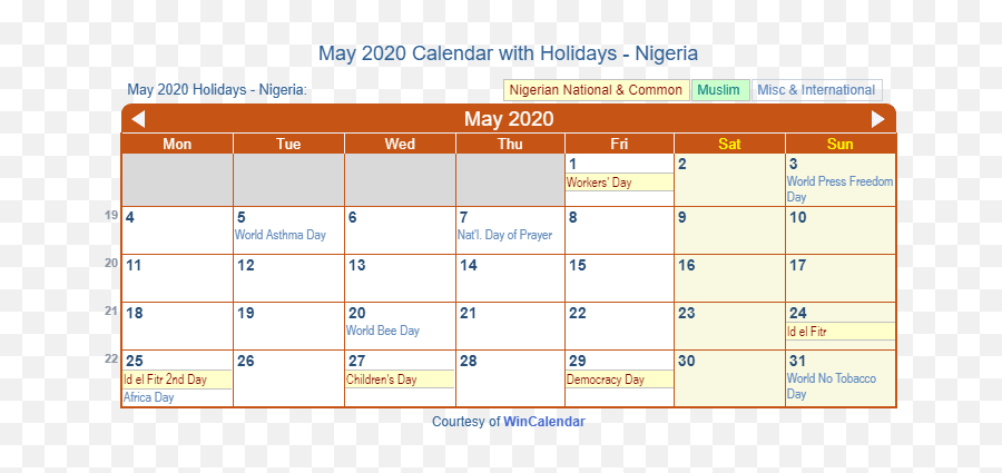 May 2020 Calendar With Holidays - Screenshot Emoji,Nigeria Emoji