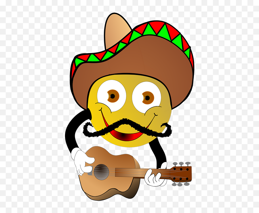 Cartoon Mexicans Smiley Guitar Sombrero Party - Mexican Sombrero Hat Emoji Png,Party Emoji Png