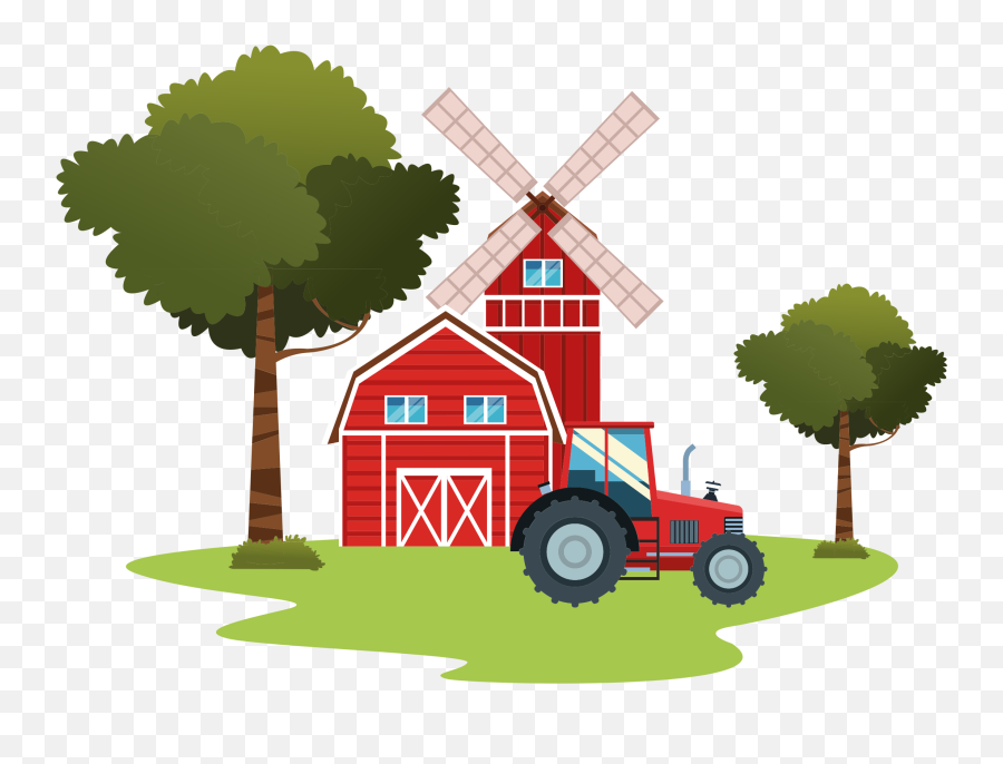Tractors And Trees Illustration Wall Art Decal - Cartoon Farm House With Windmill Emoji,Tractor Emoji