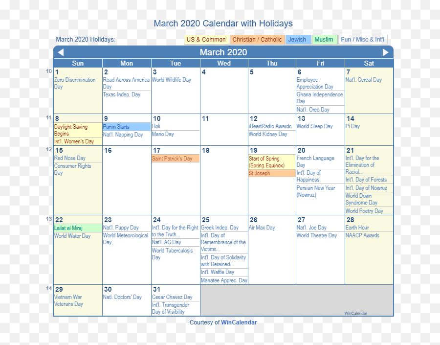 March 2020 Calendar With Holidays - March 2020 Holiday Calendar Emoji,Pearl Harbor Emoji