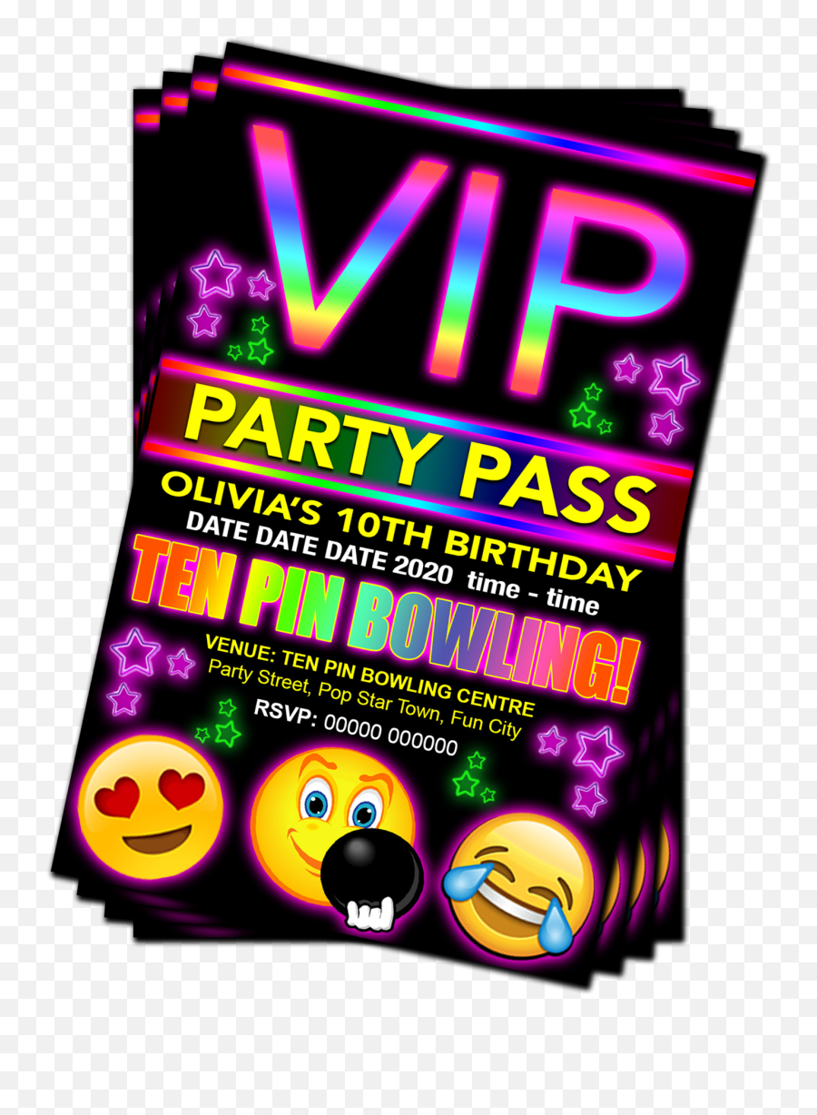 Ten Pin Bowling Birthday Party Invitation Vip Pass Emoji Red Pink Or Blue Grandwazoodesign - Samay,Bowling Emoji