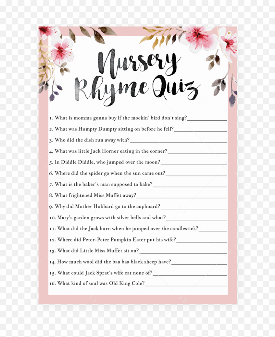 Pink Floral Nursery Rhyme Quiz For Girl - Baby Shower Bingo Printable Emoji,Shower Emoji