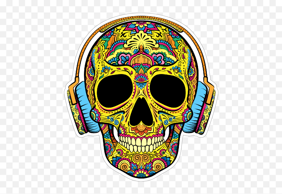 Decorative Skull With Headphones On Sticker - Dia De Los Muertos Cool Skull Emoji,Day Of The Dead Emoji