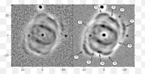 Greyscale H left and O III right images of NGC 6058 - Circle Emoji