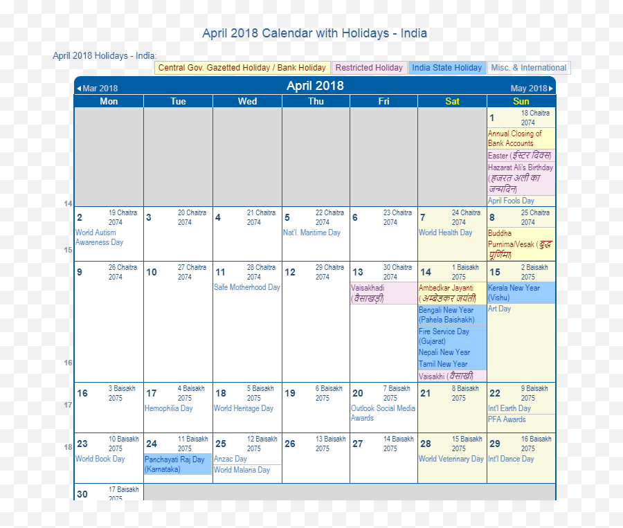 April 2018 Calendar With Holidays - India Vertical Emoji,Laughing Emoji Outlook