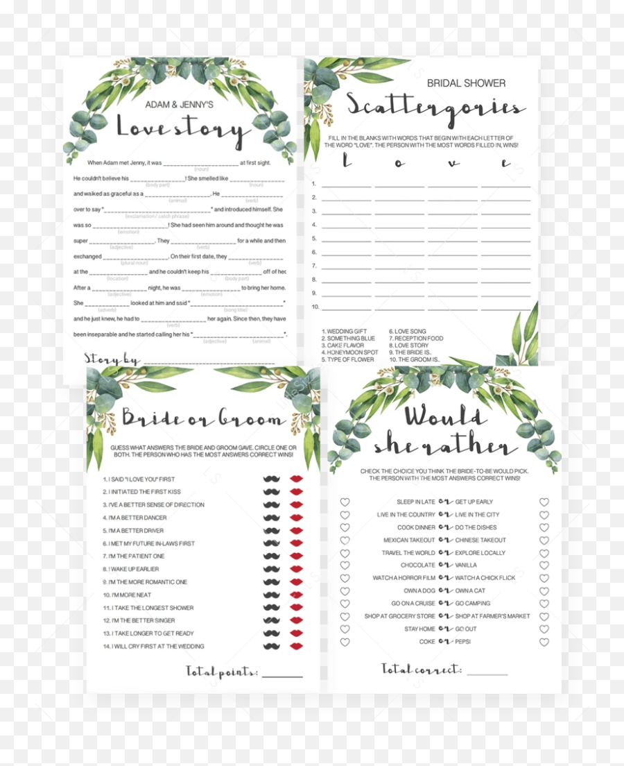 Eucalyptus Bridal Shower Games Pack - Plantation Emoji,Broom Emoji Facebook