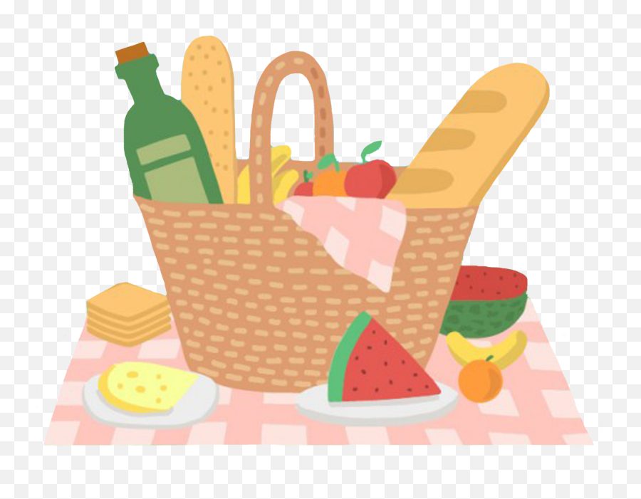 Picnic Basket Wine Bread Cheese Watermelon Banana Apple - Cute Picnic Basket Cartoon Emoji,Basket Emoji