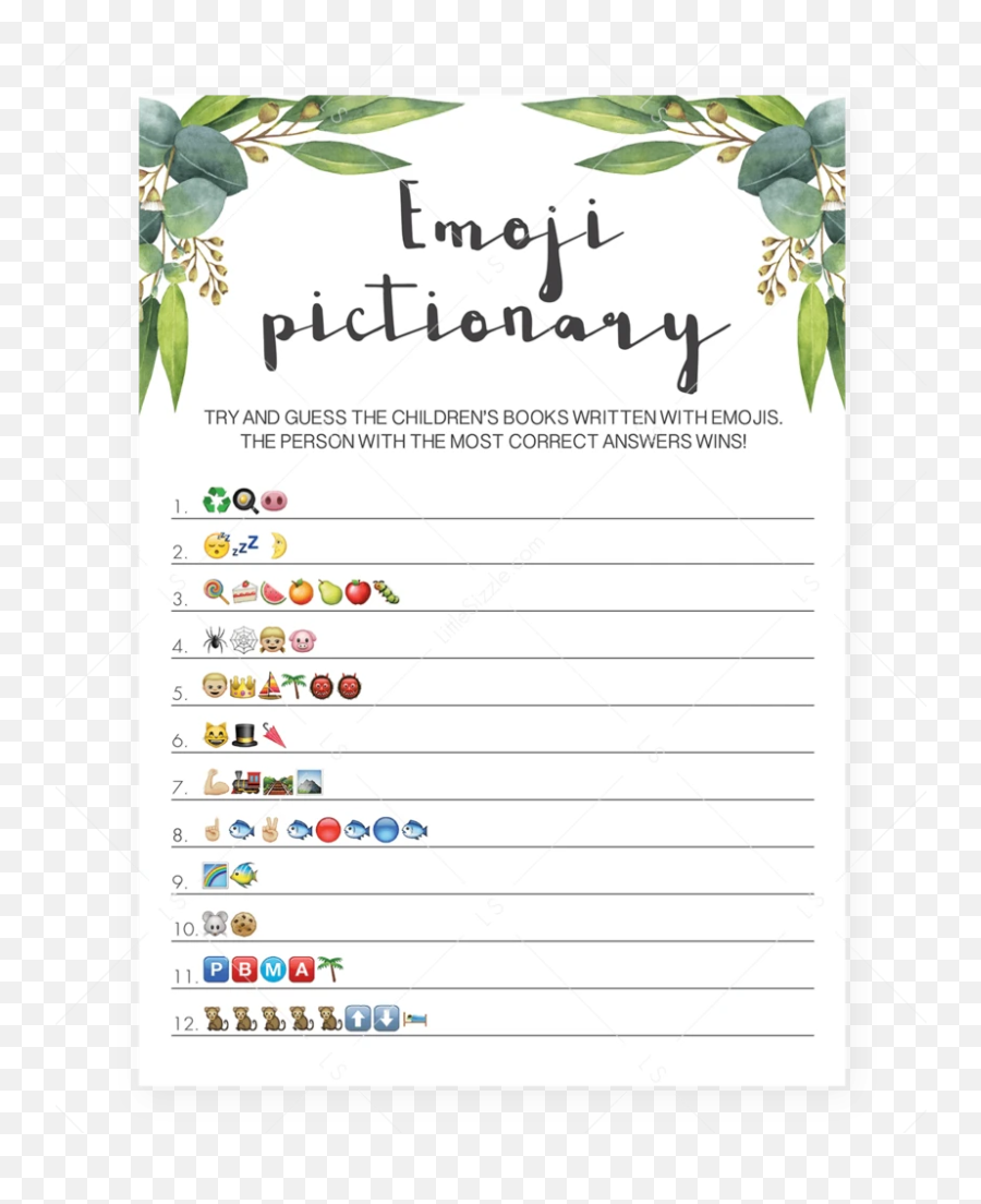 Baby Emoji Pictionary Game Printable Greenery - Free Printable Baby Shower Emoji Game,Emoji Game