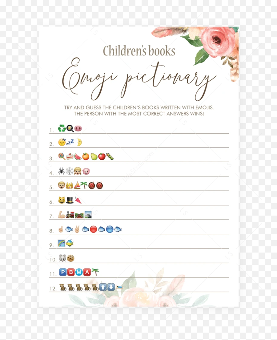 Floral Baby Shower Game Emoji Pictionary Printable - Emoji Baby Shower Game Printable,Emoji Game
