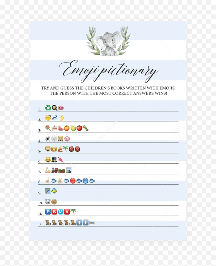 Elephant Baby Shower Emoji Pictionary Game Printable - Free Emoji Baby Shower Game,Elephant Emoji