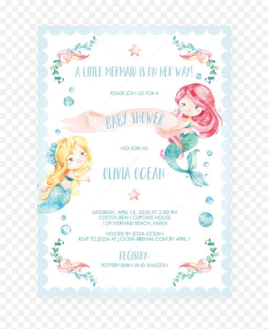 Mermaid Baby Shower Invitation Template Watercolor - Mermaid Ideas Invitation Template Emoji,Little Mermaid Emoji