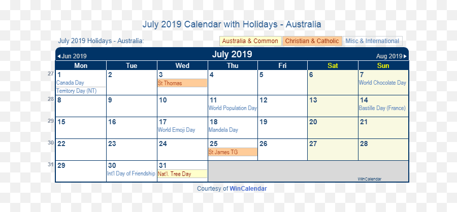 Printable July 2019 Holidays Calendar Australia Federal - Calendar Israel August 2020 Emoji,England Emoji